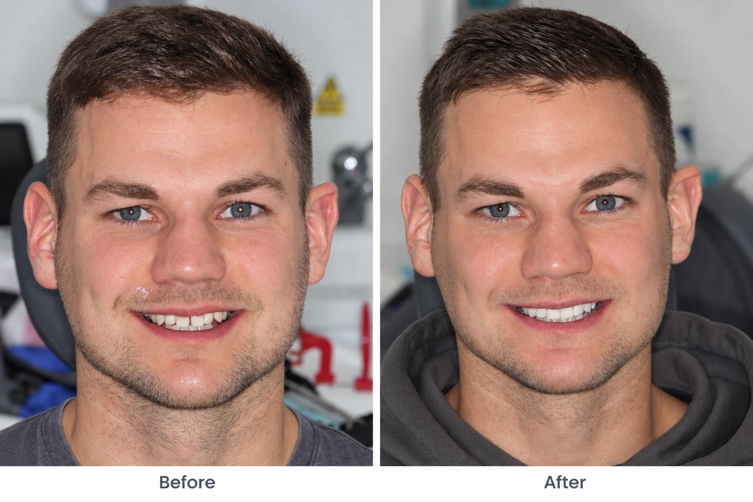 Before-and-after portraits showing a man's smile, with more even front-tooth edges in the after photograph.