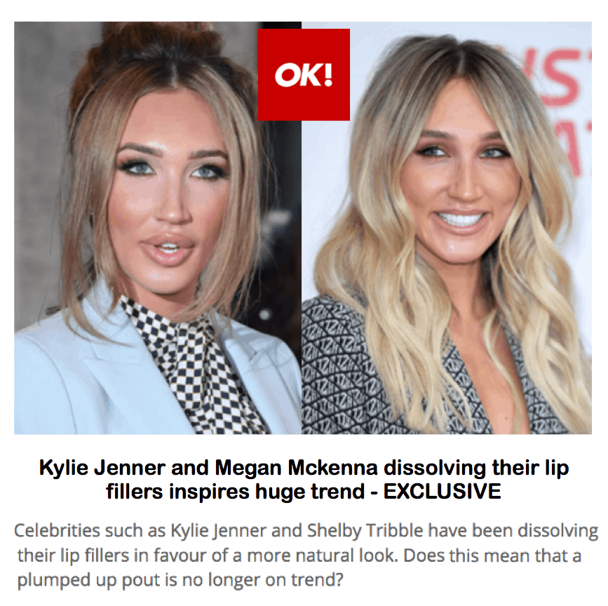 OK! Magazine
<br/>
<br/>
Kylie Jenner and Megan Mckenna dissolving their lip fillers inspires huge trend – EXCLUSIVE